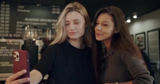 Молодые Женщины Делают Селфи Ресторане Портативный Снимок Юной Брюнетки Показывающей — стоковое видео
