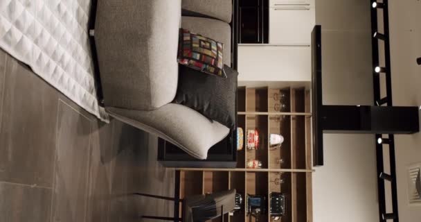 现代简约主义客厅 白色家具 时尚的家具 简约家庭内部 现代家具设计 奢华雅致的房间 房地产私人住宅 垂直录像 — 图库视频影像