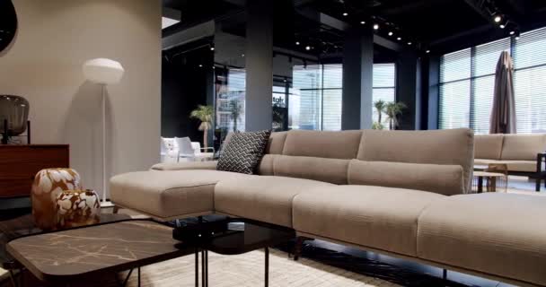 Sofá Moderno Tela Gris Beige Sofá Tapicería Textil Con Almohadas — Vídeos de Stock