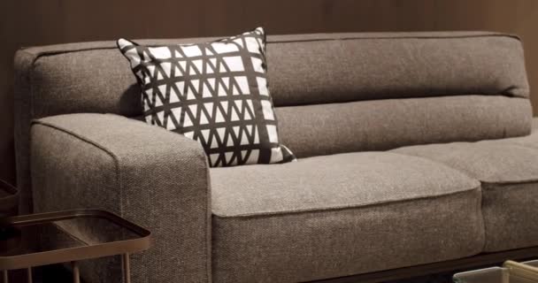 有枕头的纺织品软垫沙发 现代公寓漂亮的米黄色沙发在现代客厅与灯和地毯 斯堪的纳维亚内部有木制墙壁 现代灰色和米黄色面料沙发 — 图库视频影像