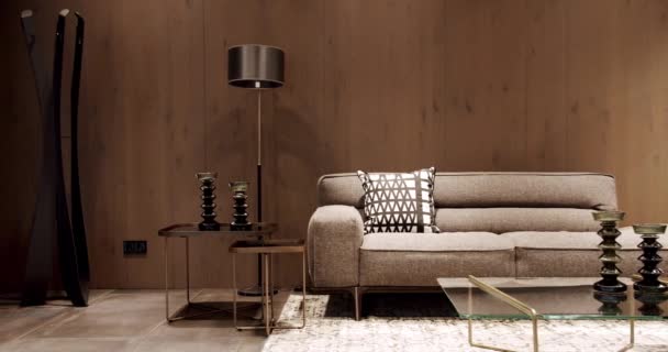 Canapea Modernă Țesături Gri Bej Canapea Tapițerie Textilă Perne Apartament — Videoclip de stoc
