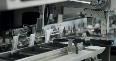 Robot kol, ilaç paketini taşıma bandına koydu. Otomatik üretim hattında paketlenmiş mallar. Uyuşturucu ambalajı. İlaç paketleme makinesi..