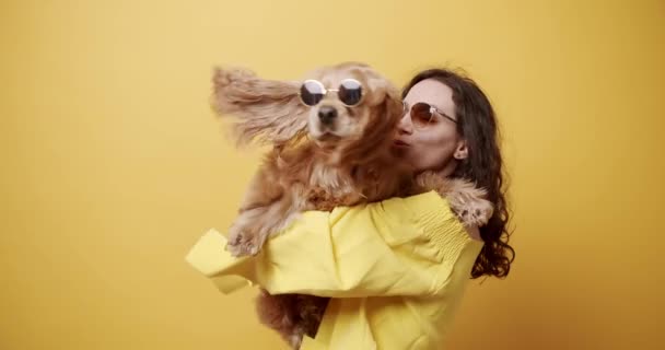 快乐的女人和小猎犬在一起很开心 在孤立的黄色背景上玩耍的雌狗 人类动物的友谊 女人和她的狗玩耍 拥抱和亲吻 摆好姿势 戴上太阳镜 — 图库视频影像