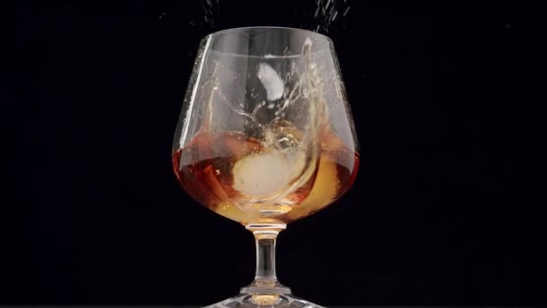 Luxury Brandy Glass Golden Cognac Isolated Black Background Ice Cube — Video