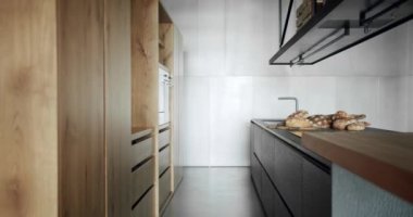 Modern ve geniş ahşap mutfak odası. Lüks evdeki modern iç mekan ve yemek odası. Yeni Ev 'de minimalist tasarım. Gerçek Lüks Tasarım İçi. Neoklasik biçim, samimi iç mekan.