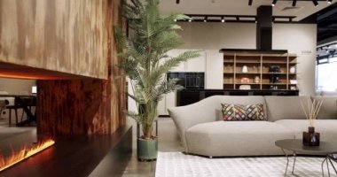 Modern contemporary Minimalist living room with white and beige furniture and white kitchen room. Cozy Modern Furniture Design. Luxury Elegant Room. Real Estate private home.