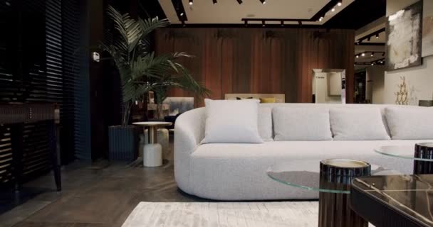 Moderna Sala Estar Minimalista Contemporânea Com Mobiliário Bege Branco Casa — Vídeo de Stock