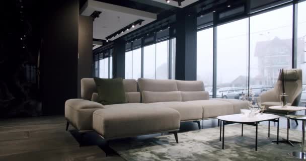 现代极简主义客厅与白色面料家具 时尚的家具 简约家庭内部 舒适的现代家具设计 奢华雅致的房间 房地产私人住宅 — 图库视频影像