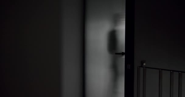 这个人打开透明的门 关在现代的房子里 创造了轮廓和阴影 灰色的现代室内设计 黑色和灰色的室内设计 — 图库视频影像