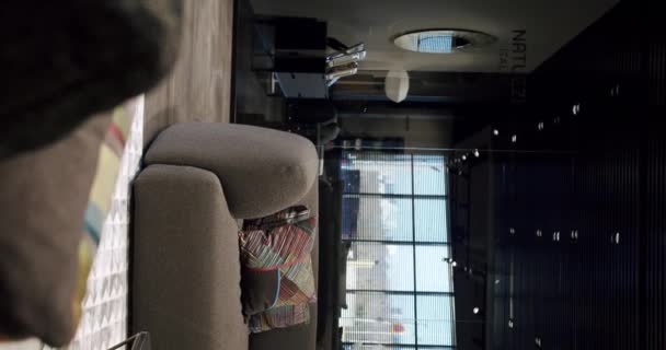 Moderní Moderní Minimalistický Obývací Pokoj Šedým Nábytkem Módní Nábytek Minimalistický — Stock video