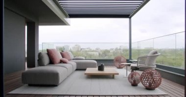 Modern real terrace, in luxury house with beautiful furniture and sliding door, Modern real apartment with sliding door, beautiful furniture. Minimalist modern black gray and white design interior.