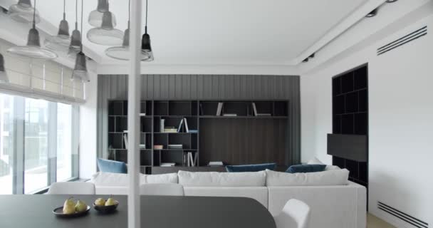 Moderna Sala Estar Minimalista Contemporánea Con Muebles Blancos Lujosa Casa — Vídeo de stock
