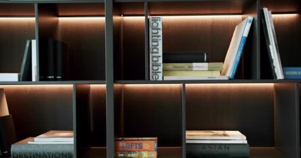 Schwarzes Hölzernes Bücherregal Mit Büchern Und Lampen Moderne Penthouse Wohnung — Stockvideo