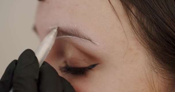 Master Applies White Markings Correct Shape Eyebrows Special Brush Marking — Stock Video