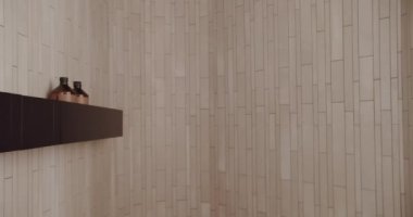 Lüks banyo iç mimarisi, banyo aksesuarları olan minimalist iç dekorasyon, beyaz renkli minimalist iç mimari, musluk ve duş jeli aksesuarları. Modern Musluk. İnsansız iç mekan