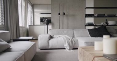Modern oturma odası. Lüks minimalist tasarım, beyaz ve gri tonlu gerçek daire, zarif sandalye ve lüks mobilyalar, beyaz halı ve siyah ses teknikleri, beton, modern mutfak odası.