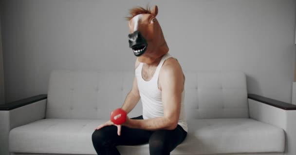 Concept Funny Health Fitness Humorous Stretches Funny Man Horse Mask — Stock Video