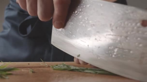 Genç Aşçının Ahşap Bir Tahtanın Üzerinde Bıçakla Ince Dilimler Halinde — Stok video