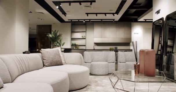 Luxusní Moderní Dům Interiér Rohovou Pohovkou Židlemi Knihovnou Módní Nábytek — Stock video