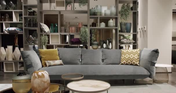 Moderna Sala Estar Minimalista Contemporánea Con Muebles Grises Interior Casa — Vídeo de stock