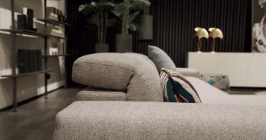 Köşedeki kanepe, sandalye ve kitaplığı olan lüks modern ev içi. Moda mobilyalar. Minimalist İç İşleri. Samimi Modern Mobilya Tasarımı. Lüks Zarif Oda. Gayrimenkul özel evi.