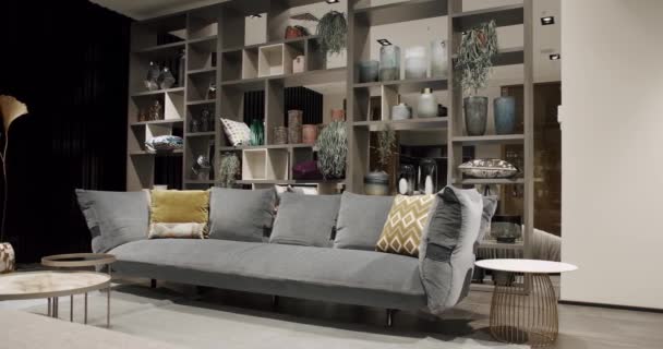 Moderna Sala Estar Minimalista Contemporánea Con Muebles Grises Interior Casa — Vídeo de stock