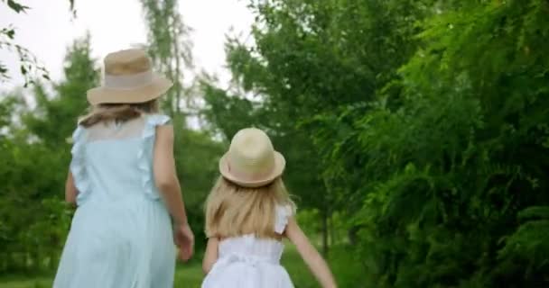 Mädchen Laufen Grünen Sommerpark Fahndungsbild Von Kleinen Geschwistermädchen Sommerkleidern Und — Stockvideo