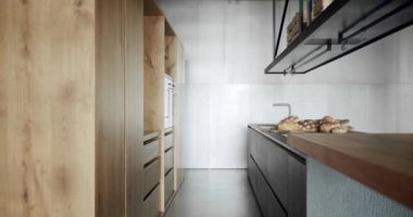 Lüks evdeki modern iç ve yemek odası. Modern ve geniş ahşap mutfak odası. Gayrimenkul. Ada ve sandalyeli lüks mutfak. Yeni Ev 'de minimalist tasarım. İçi rahat..