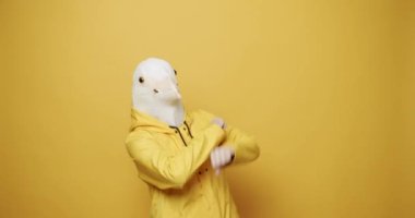 Güvercin maskeli adam komik hareketler yapıyor. Güvercin Maskeli Adam. Eğlence ve mutluluk kavramı. Sarı Takım Elbiseli Komik Adam Güvercin Maskesiyle Dans Ediyor İzole edilmiş Sarı Arkaplanda Eğlenen Adam. 