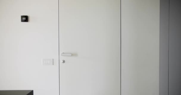 白のモダンなドアと白のミニマリストハンドル付きのモダンなアパートメント ライフスタイルとエレガントな部屋 現代のショールーム ミニマリストモダンなインテリアの白とグレーの壁 — ストック動画