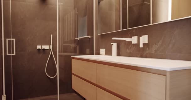Lüks Banyo Içi Içi Kahverengi Renklerde Banyo Aksesuarları Ayna Duş — Stok video