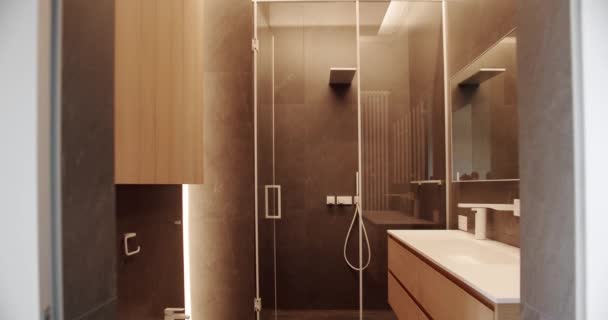 镜子和淋浴头 浴缸现代设计 奢华舒适的白色公寓 豪华浴室室内装饰 简约内饰棕色浴室配件 设有简易设计的浴室 — 图库视频影像