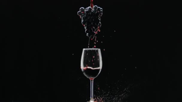와인을 매달아 포도송이 신선하게 적포도주를 배경에 유리에 담근다 광고의 사진들 — 비디오