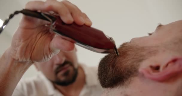 Hombre Guapo Conseguir Nuevo Peinado Con Trimmer Eléctrico Primer Plano — Vídeos de Stock
