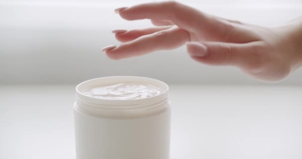 Close Woman Takes Cream Moisturizing Lotion Jar Applies Moisturizer Her — Stock Video