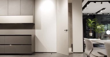 Minimalist beyaz kapı modern bir evde kapandı. Modern apartman, beyaz, modern kapılı ve siyah minimalist saplı. Yaşam tarzı ve şık bir oda. Modern Showroom.