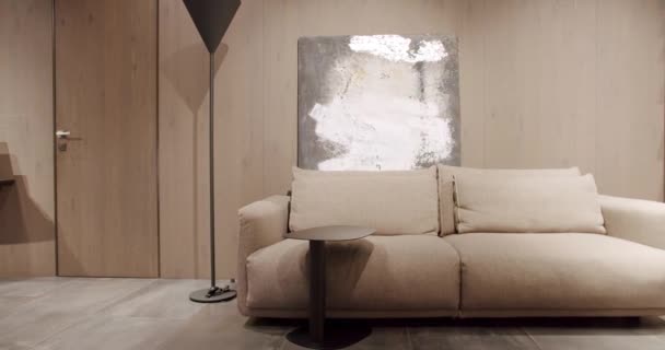 Nowoczesny Salon Wnętrz Wygodną Sofą Nowoczesna Szara Beżowa Sofa Minimalistyczny — Wideo stockowe