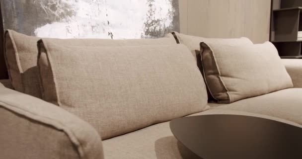 现代客厅内饰舒适索法 现代灰色米黄色沙发 简约和舒适的房子 奢华的公寓 舒适的顶层公寓里的现代家具 现代和简单的索法 — 图库视频影像