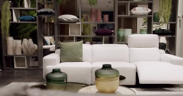 现代米黄色面料沙发 有枕头的纺织品软垫沙发 现代和阁楼公寓 斯堪的纳维亚内部 现代客厅里漂亮的白色沙发 舒适家庭中的现代沙发 — 图库视频影像