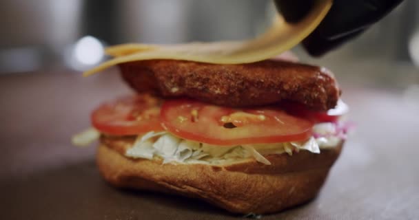 Heerlijke Burger Close Lekker Fastfood Concept Hamburger Met Vleespastei Tomaten — Stockvideo