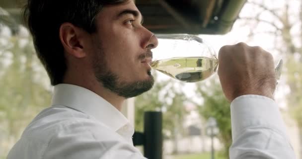 Sommelier Positif Mélangeant Vin Blanc Dans Verre Évaluant Couleur Dégustation — Video