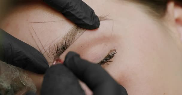 永久化装纹身近身 大师用针头纹身机做永久眉毛化妆品 小小的眉毛纹身 深色色素在皮肤下注射 — 图库视频影像