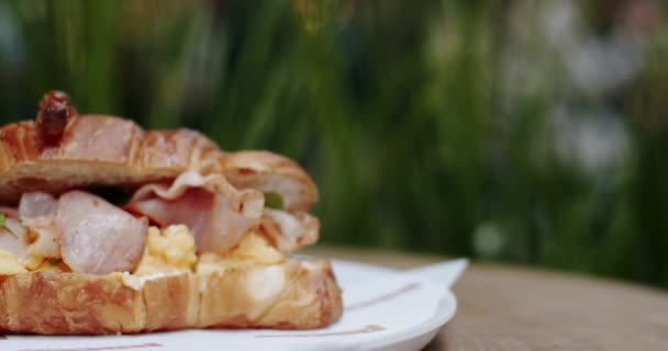 Egy Közeli Croissant Szendvics Szalonnával Rántottával Népszerű Reggeli Friss Vega — Stock videók