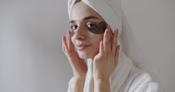 Young Beautiful Woman Bathrobe Towel Head Healthy Skin Laughs Joyfully — Stock Video