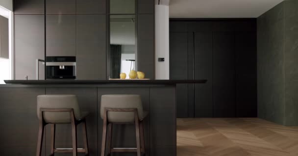 Minimalist Real Apartment Modern Kitchen Room Minimalist Furniture Dining Table — Stockvideo