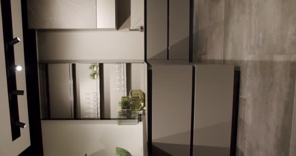 モダンで広々としたキッチンルーム 不動産だ 現代のChrome Faucet 新家のミニマリストデザイン 本物の高級デザインインテリア ネオクラシックスタイル 居心地の良いインテリア 垂直ビデオ — ストック動画