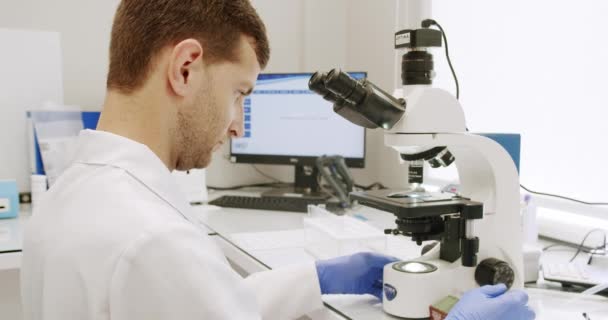 Αρσενικός Γιατρός Που Χρησιμοποιεί Μικροσκόπιο Στο Εργαστήριο Μικροσκόπιο Για Εξέταση — Αρχείο Βίντεο