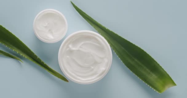Botellas Tubos Blancos Con Planta Aloe Vera Girando Para Cosméticos — Vídeos de Stock