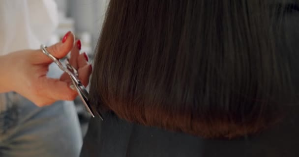 Vrouw Die Haar Knipt Met Een Kappersschaar Schoonheidssalon Haarstylist Doet — Stockvideo