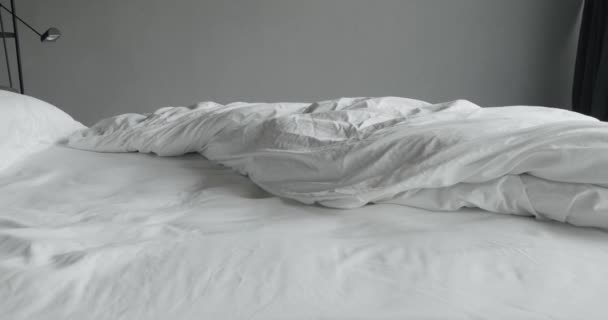 最简约的卧室 睡床用白色羽绒被 现代卧房的内部和床上有许多枕头 简约的内部丑闻风格 房地产 现代豪华卧房的内部 — 图库视频影像